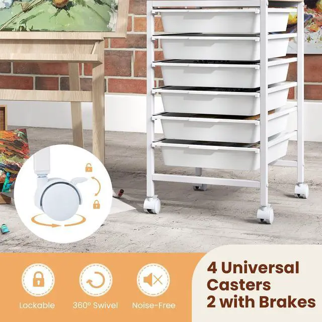 Alt view image 6 of 7 - 6-Drawer Rolling Storage Cart w/Lockable Wheels(White) | Utility Cart w/ Wood Top, Art Craft Organizer for Home, School, Paper Storage, Craft Room, Classroom, Office & Dorm Supplies