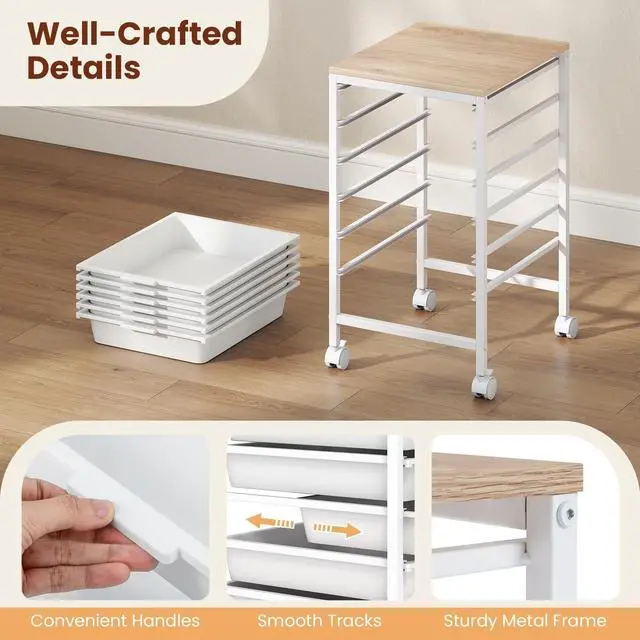 Alt view image 7 of 7 - 6-Drawer Rolling Storage Cart w/Lockable Wheels(White) | Utility Cart w/ Wood Top, Art Craft Organizer for Home, School, Paper Storage, Craft Room, Classroom, Office & Dorm Supplies