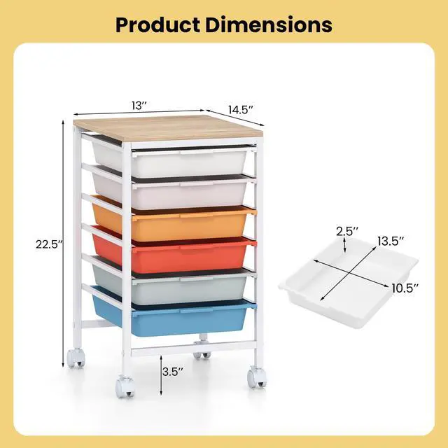 Alt view image 3 of 7 - 6-Drawer Rolling Storage Cart w/Lockable Wheels(Macaron) | Utility Cart w/ Wood Top, Art Craft Organizer for Home, School, Paper Storage, Craft Room, Classroom, Office & Dorm Supplies