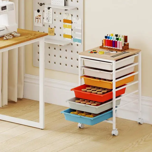 Alt view image 2 of 7 - 6-Drawer Rolling Storage Cart w/Lockable Wheels(Macaron) | Utility Cart w/ Wood Top, Art Craft Organizer for Home, School, Paper Storage, Craft Room, Classroom, Office & Dorm Supplies