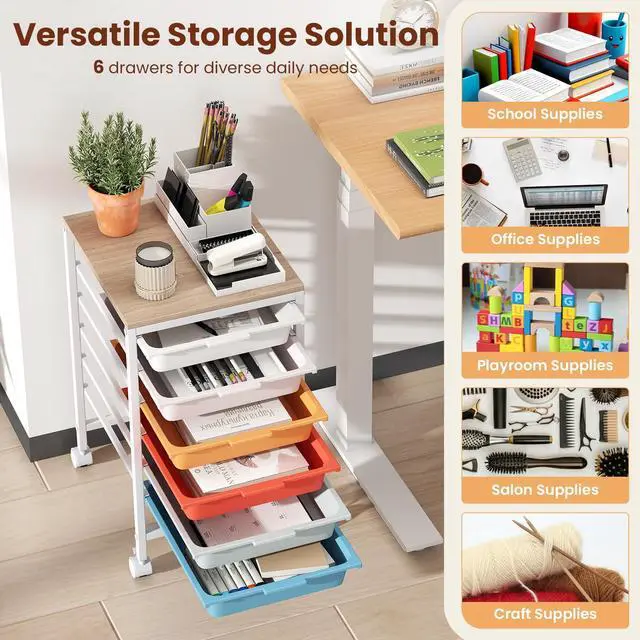 Alt view image 4 of 7 - 6-Drawer Rolling Storage Cart w/Lockable Wheels(Macaron) | Utility Cart w/ Wood Top, Art Craft Organizer for Home, School, Paper Storage, Craft Room, Classroom, Office & Dorm Supplies