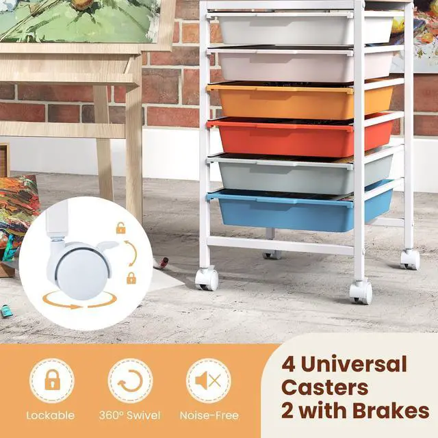 Alt view image 6 of 7 - 6-Drawer Rolling Storage Cart w/Lockable Wheels(Macaron) | Utility Cart w/ Wood Top, Art Craft Organizer for Home, School, Paper Storage, Craft Room, Classroom, Office & Dorm Supplies