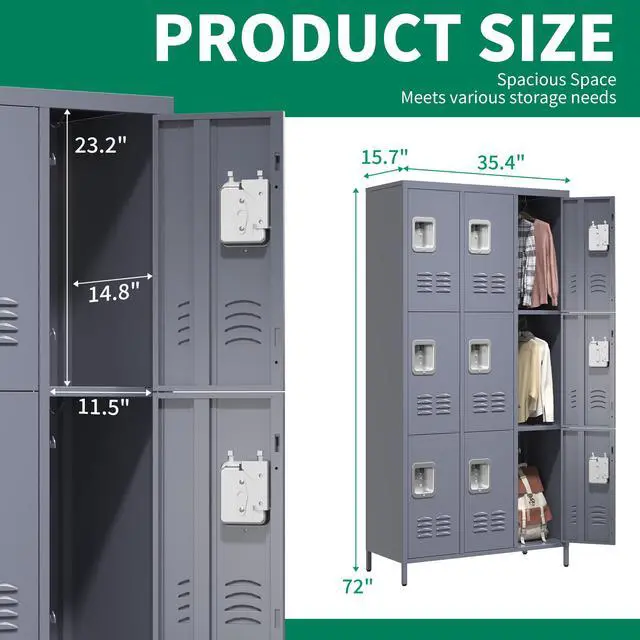 Alt view image 3 of 7 - 9 Doors Metal Storage Locker for Employee,72" Sports Staff Lockers | Steel Tall Locker Cabinet with Shelves and Hooks Wide Clothes Cabinets for Office School Gym Home Bedroom Garage