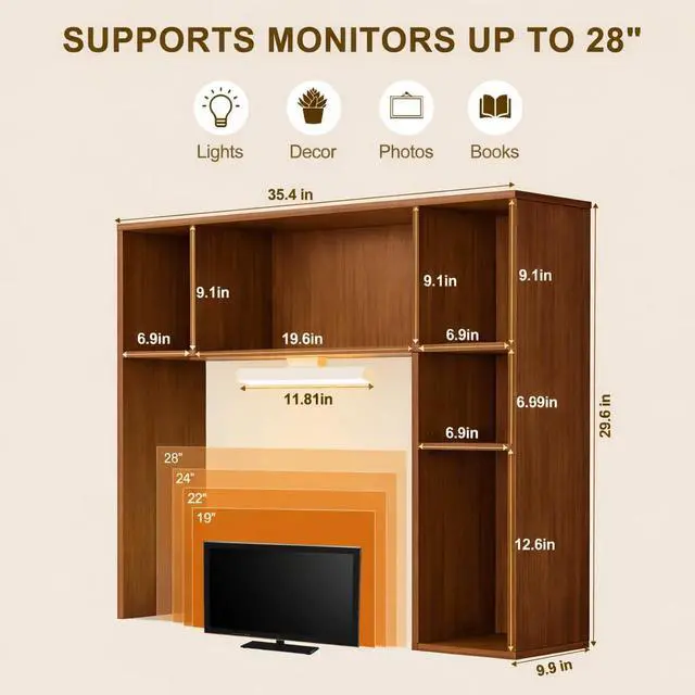 Alt view image 2 of 7 - 3 Tier Desktop Bookshelf with Rechargeable Eye-Friendly LED Desk Light, Desk Hutch Organizer with 5 Shelves, Wooden Desk Bookshelf for Office, Dorm and Small Space, Walnut