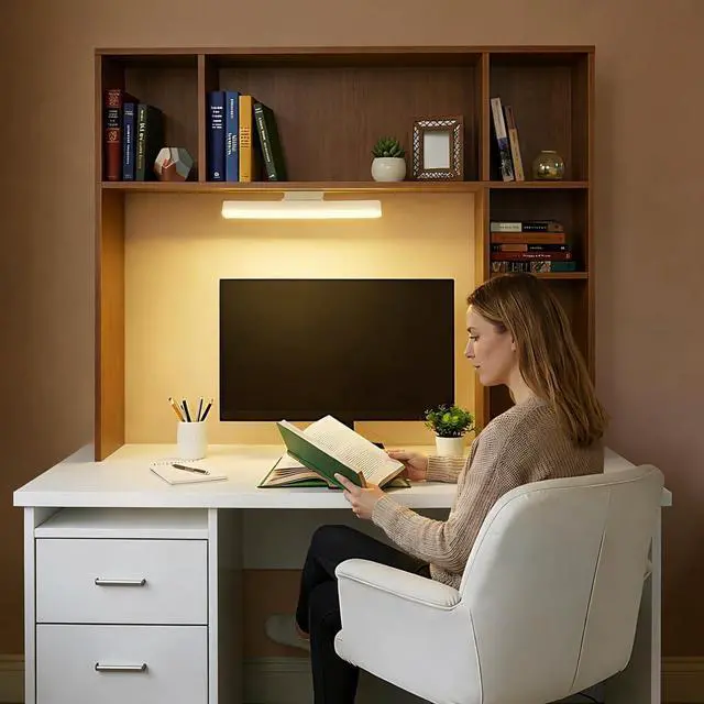 Alt view image 4 of 7 - 3 Tier Desktop Bookshelf with Rechargeable Eye-Friendly LED Desk Light, Desk Hutch Organizer with 5 Shelves, Wooden Desk Bookshelf for Office, Dorm and Small Space, Walnut