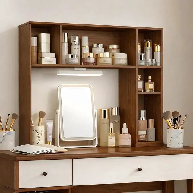 Alt view image 5 of 7 - 3 Tier Desktop Bookshelf with Rechargeable Eye-Friendly LED Desk Light, Desk Hutch Organizer with 5 Shelves, Wooden Desk Bookshelf for Office, Dorm and Small Space, Walnut
