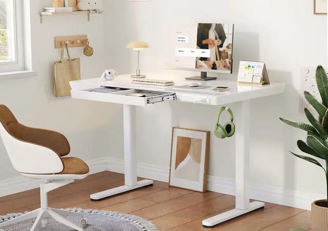 Alt view image 2 of 7 - Glass Standing Desk with Drawers, 40x24 Inch, White | Quick Install, Whole-Piece Glass Top, USB ports and a Type-C port, Buil in Drawers, Writable Glass Top, 2 Hooks