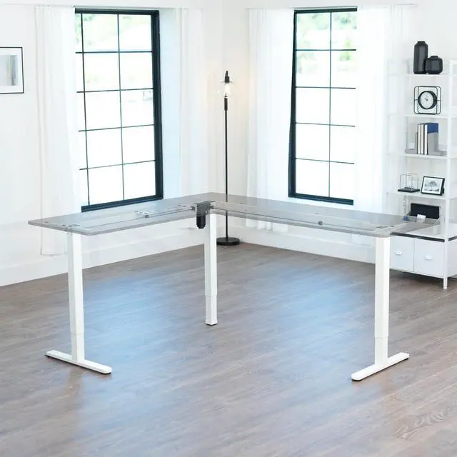 Alt view image 2 of 7 - White Electric Corner 3 Leg Standing Desk Frame, DESK-E375W | Large Size, Single Motor, Height Adjustable, L-Shaped, Holds 225 lbs, Sit Stand Base, Standing Desk Legs Only