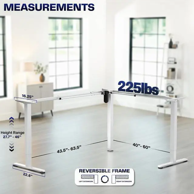 Alt view image 3 of 7 - White Electric Corner 3 Leg Standing Desk Frame, DESK-E375W | Large Size, Single Motor, Height Adjustable, L-Shaped, Holds 225 lbs, Sit Stand Base, Standing Desk Legs Only