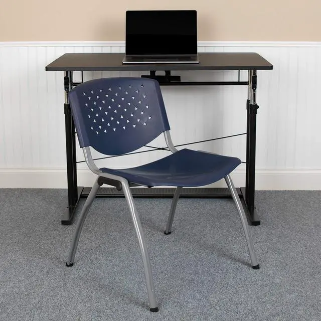 Alt view image 2 of 7 - Home and Office Navy Plastic Stack Chair with Perforated Back | Powder Coated, 880 LBS. Weight Capacity
