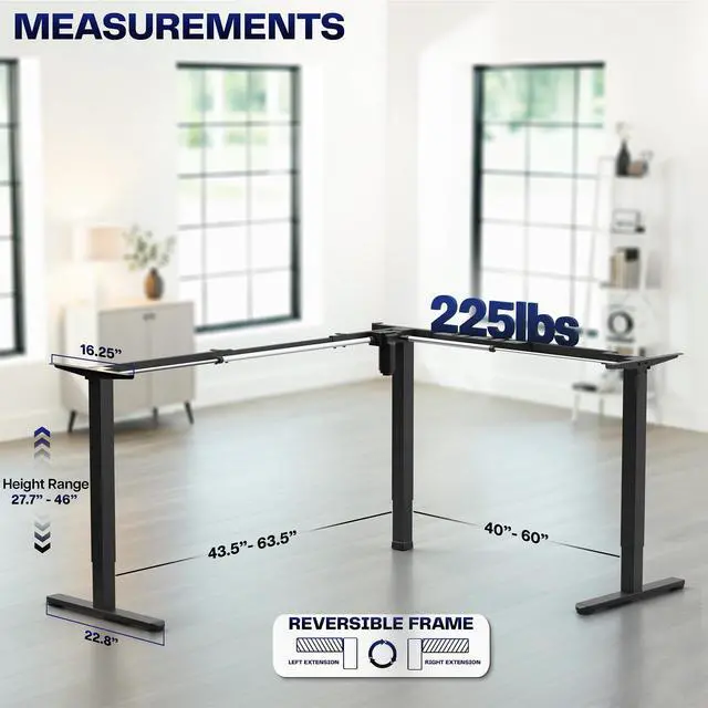 Alt view image 3 of 7 - Black Electric Corner 3 Leg Standing Desk Frame, DESK-E375B | Large Size, Single Motor, Height Adjustable, L-Shaped, Holds 225 lbs, Sit Stand Base, Standing Desk Legs Only