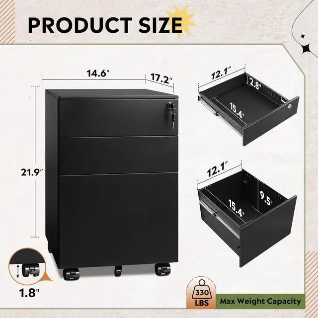 Alt view image 2 of 7 - 3 Drawer File Cabinet with Lock, Fully Assembled Except Casters | Under Desk Rolling Filing Cabinet for Home Office, Fits Letter/Legal/A4 Size