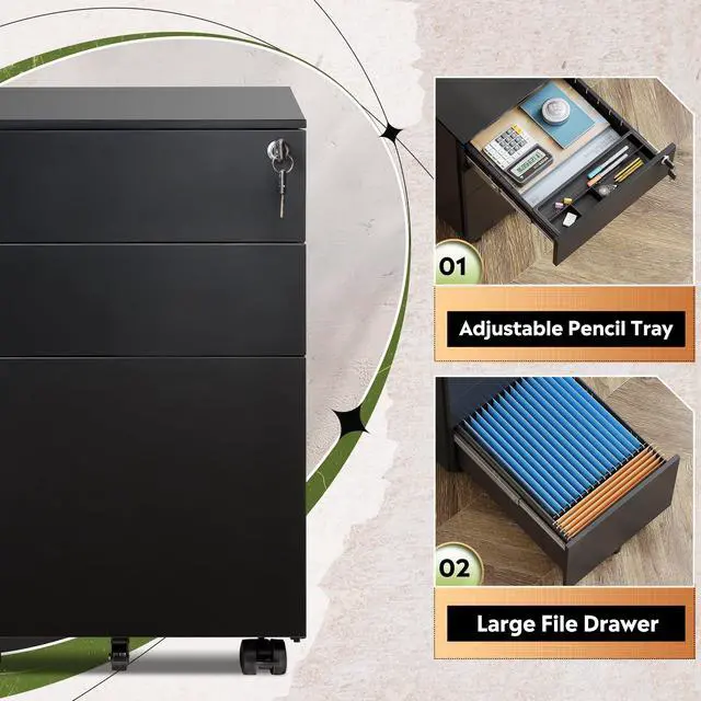 Alt view image 3 of 7 - 3 Drawer File Cabinet with Lock, Fully Assembled Except Casters | Under Desk Rolling Filing Cabinet for Home Office, Fits Letter/Legal/A4 Size