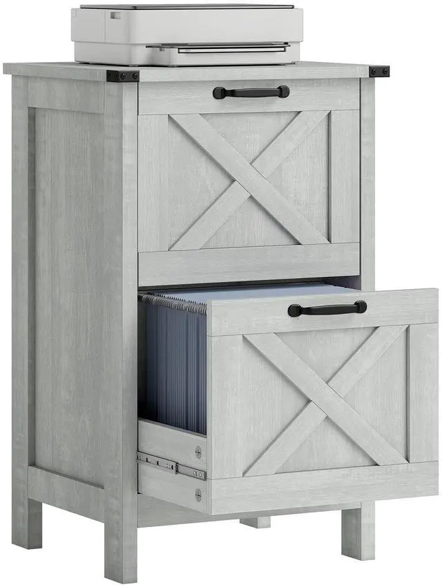 Main image of 2 Drawer Vertical File Cabinet, Silent Slides, Distressed Light Gray | Rustic Farmhouse, Filing Cabinet, Barn Doors, for A4/Letter Size, Printer Stand with Storage, for Home Office