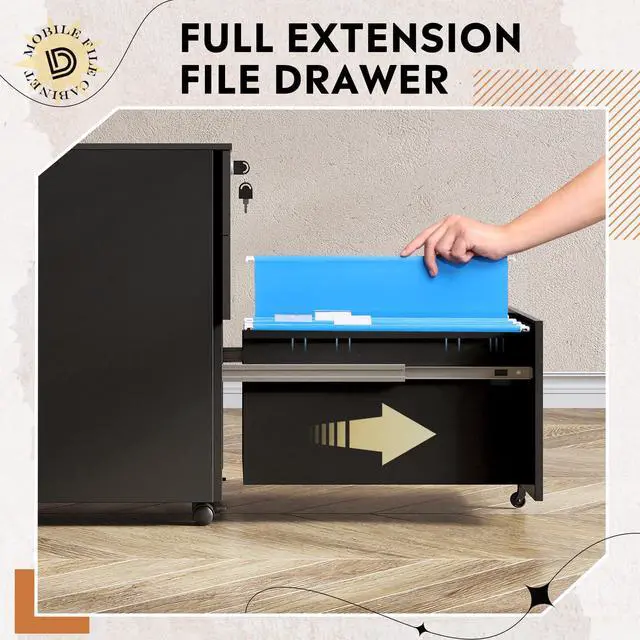 Alt view image 5 of 7 - 3 Drawer File Cabinet with Lock, Fully Assembled Except Casters | Under Desk Rolling Filing Cabinet for Home Office, Fits Letter/Legal/A4 Size