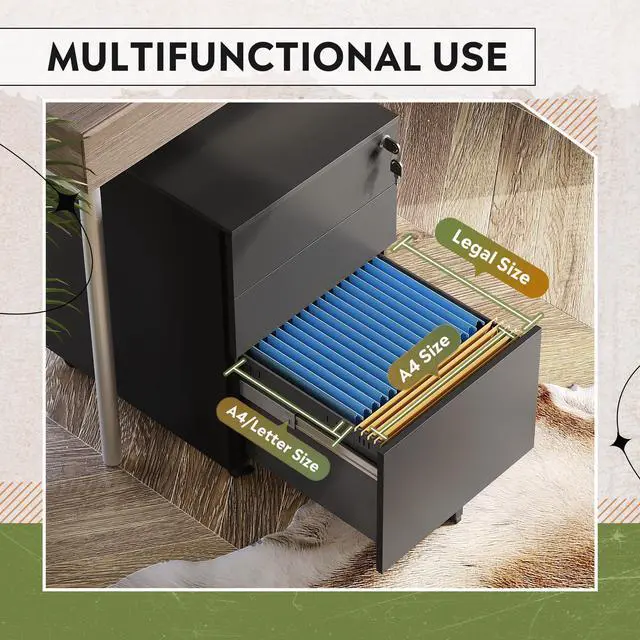 Alt view image 6 of 7 - 3 Drawer File Cabinet with Lock, Fully Assembled Except Casters | Under Desk Rolling Filing Cabinet for Home Office, Fits Letter/Legal/A4 Size
