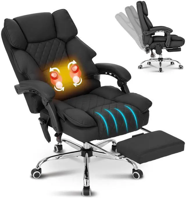 Main image of Kneading Massage Office Chair with Heated,90-135° Reclining Executive Office Chair with Footrest,Computer Desk Chair with Wheels,Diamond-Stitched Cushion Leather Office Chair (Black)