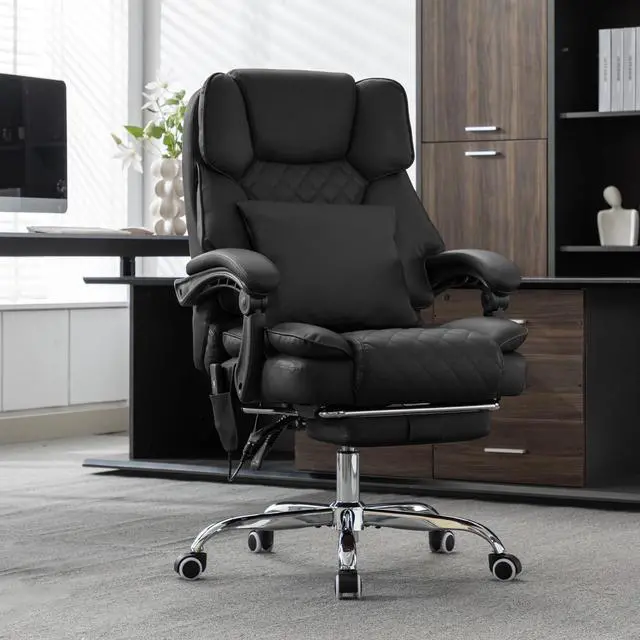 Alt view image 2 of 7 - Kneading Massage Office Chair with Heated,90-135° Reclining Executive Office Chair with Footrest,Computer Desk Chair with Wheels,Diamond-Stitched Cushion Leather Office Chair (Black)