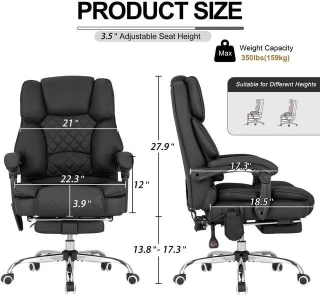 Alt view image 3 of 7 - Kneading Massage Office Chair with Heated,90-135° Reclining Executive Office Chair with Footrest,Computer Desk Chair with Wheels,Diamond-Stitched Cushion Leather Office Chair (Black)