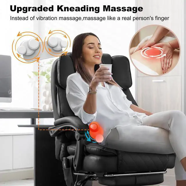 Alt view image 4 of 7 - Kneading Massage Office Chair with Heated,90-135° Reclining Executive Office Chair with Footrest,Computer Desk Chair with Wheels,Diamond-Stitched Cushion Leather Office Chair (Black)