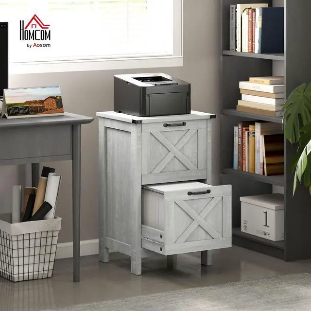 Alt view image 2 of 7 - 2 Drawer Vertical File Cabinet, Silent Slides, Distressed Light Gray | Rustic Farmhouse, Filing Cabinet, Barn Doors, for A4/Letter Size, Printer Stand with Storage, for Home Office