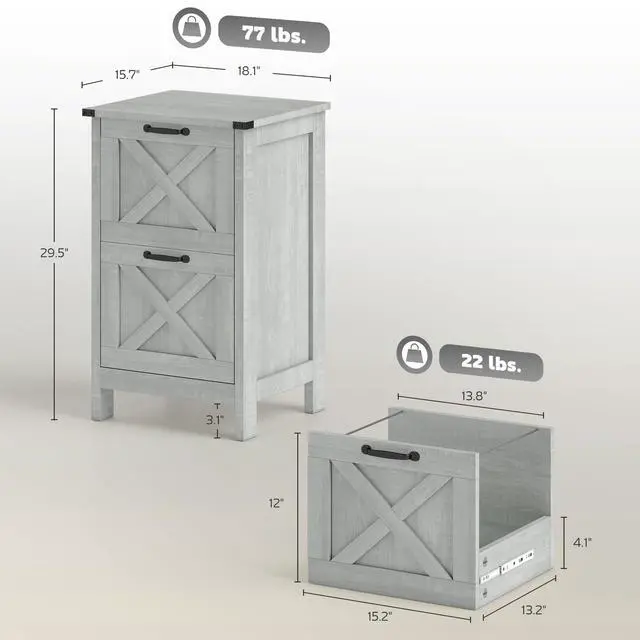 Alt view image 3 of 7 - 2 Drawer Vertical File Cabinet, Silent Slides, Distressed Light Gray | Rustic Farmhouse, Filing Cabinet, Barn Doors, for A4/Letter Size, Printer Stand with Storage, for Home Office