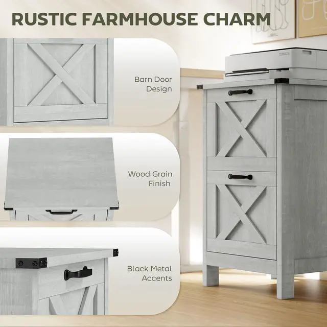 Alt view image 4 of 7 - 2 Drawer Vertical File Cabinet, Silent Slides, Distressed Light Gray | Rustic Farmhouse, Filing Cabinet, Barn Doors, for A4/Letter Size, Printer Stand with Storage, for Home Office