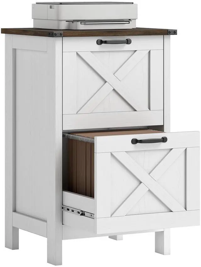 Main image of 2 Drawer Vertical File Cabinet with Silent Slides, Distressed White | Rustic Farmhouse, Barn Doors, for A4/Letter Size, Printer Stand with Storage, Home Office