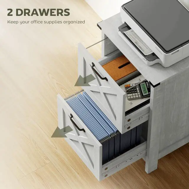 Alt view image 5 of 7 - 2 Drawer Vertical File Cabinet, Silent Slides, Distressed Light Gray | Rustic Farmhouse, Filing Cabinet, Barn Doors, for A4/Letter Size, Printer Stand with Storage, for Home Office