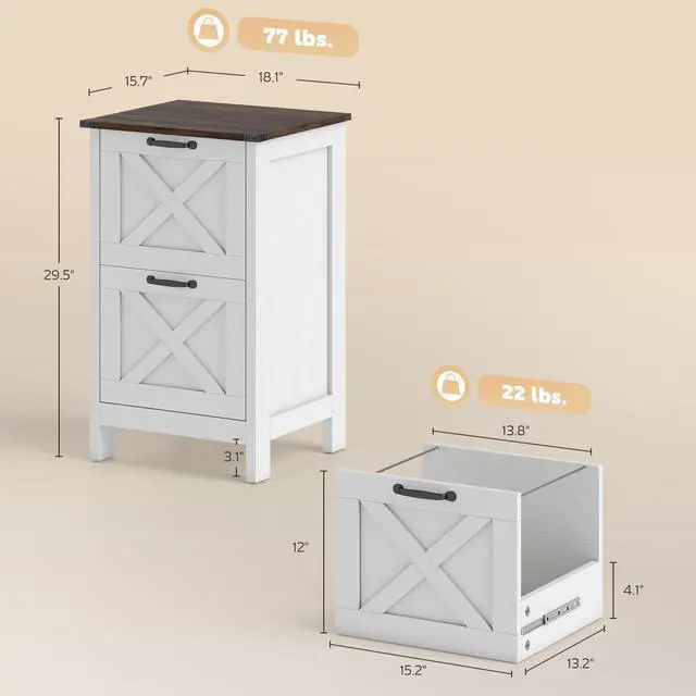 Alt view image 3 of 7 - 2 Drawer Vertical File Cabinet with Silent Slides, Distressed White | Rustic Farmhouse, Barn Doors, for A4/Letter Size, Printer Stand with Storage, Home Office