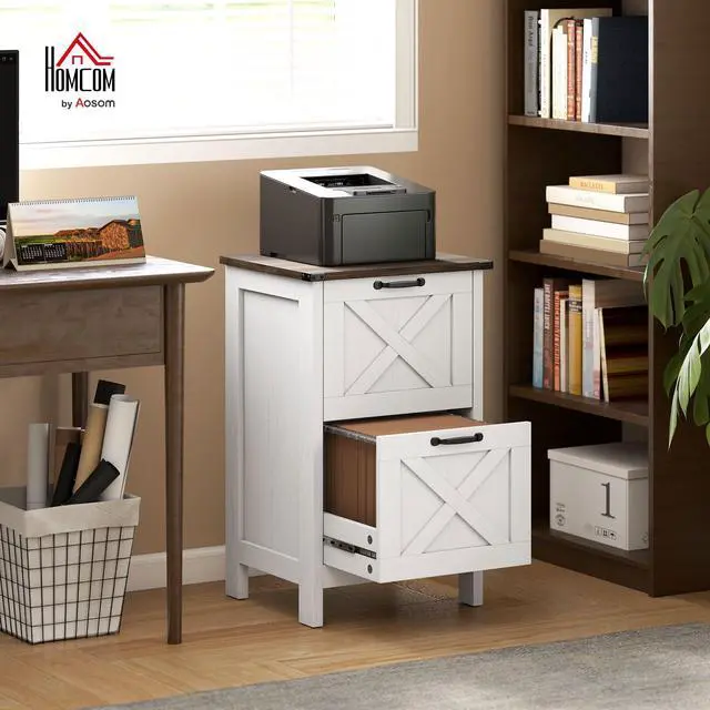 Alt view image 2 of 7 - 2 Drawer Vertical File Cabinet with Silent Slides, Distressed White | Rustic Farmhouse, Barn Doors, for A4/Letter Size, Printer Stand with Storage, Home Office