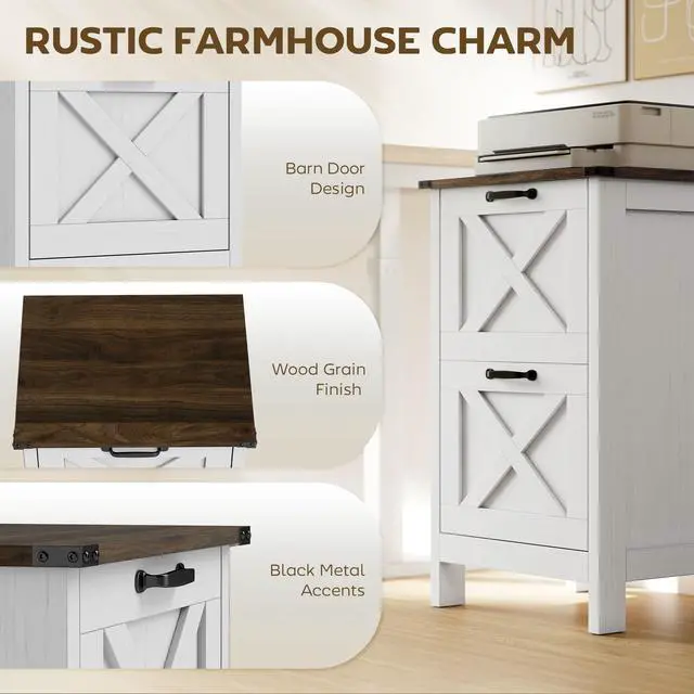 Alt view image 4 of 7 - 2 Drawer Vertical File Cabinet with Silent Slides, Distressed White | Rustic Farmhouse, Barn Doors, for A4/Letter Size, Printer Stand with Storage, Home Office