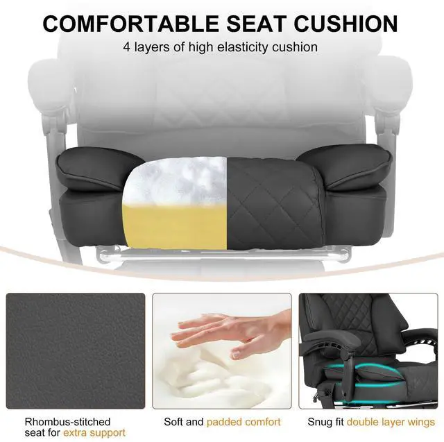 Alt view image 6 of 7 - Kneading Massage Office Chair with Heated,90-135° Reclining Executive Office Chair with Footrest,Computer Desk Chair with Wheels,Diamond-Stitched Cushion Leather Office Chair (Black)