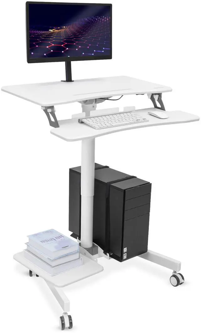 Main image of Mobile Computer Cart, Height-Adjustable Rolling Workstation with 28" Desktop, Keyboard Tray, Storage Shelves & Locking Wheels, Mobile Computer Stand for Office, Classroom, or Home