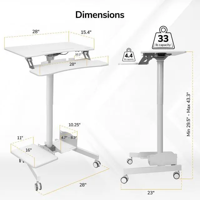 Alt view image 2 of 7 - Mobile Computer Cart, Height-Adjustable Rolling Workstation with 28" Desktop, Keyboard Tray, Storage Shelves & Locking Wheels, Mobile Computer Stand for Office, Classroom, or Home