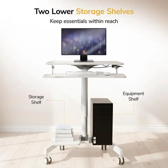Alt view image 5 of 7 - Mobile Computer Cart, Height-Adjustable Rolling Workstation with 28" Desktop, Keyboard Tray, Storage Shelves & Locking Wheels, Mobile Computer Stand for Office, Classroom, or Home