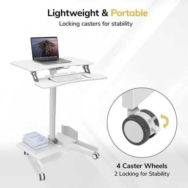 Alt view image 6 of 7 - Mobile Computer Cart, Height-Adjustable Rolling Workstation with 28" Desktop, Keyboard Tray, Storage Shelves & Locking Wheels, Mobile Computer Stand for Office, Classroom, or Home