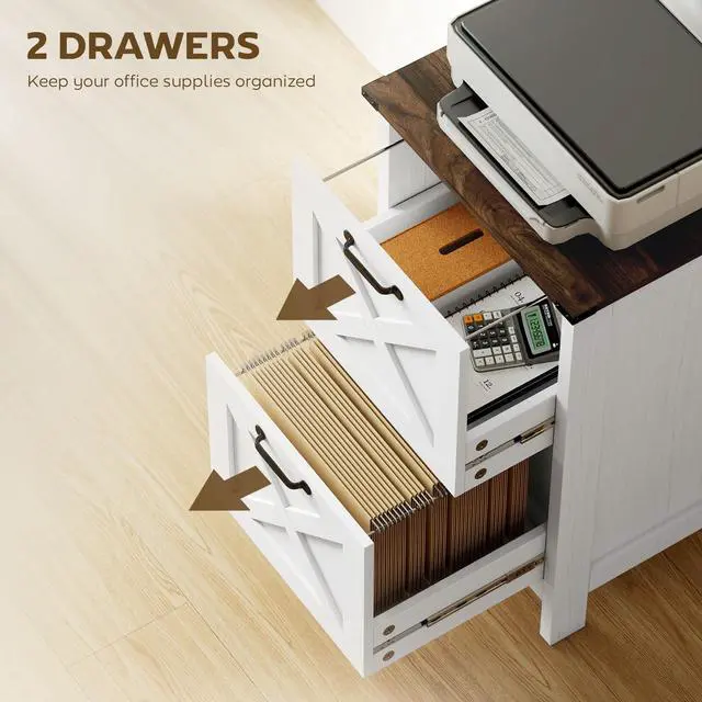 Alt view image 5 of 7 - 2 Drawer Vertical File Cabinet with Silent Slides, Distressed White | Rustic Farmhouse, Barn Doors, for A4/Letter Size, Printer Stand with Storage, Home Office