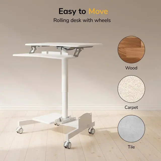 Alt view image 7 of 7 - Mobile Computer Cart, Height-Adjustable Rolling Workstation with 28" Desktop, Keyboard Tray, Storage Shelves & Locking Wheels, Mobile Computer Stand for Office, Classroom, or Home