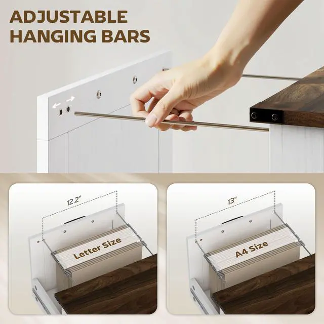 Alt view image 6 of 7 - 2 Drawer Vertical File Cabinet with Silent Slides, Distressed White | Rustic Farmhouse, Barn Doors, for A4/Letter Size, Printer Stand with Storage, Home Office