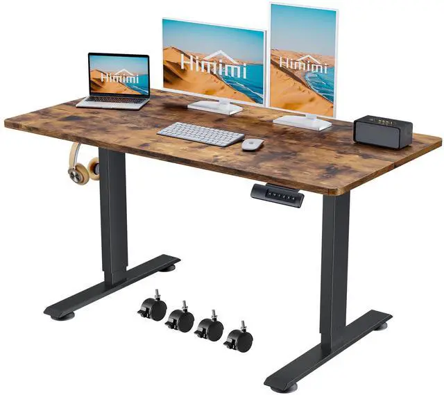 Main image of Hmimi 55'' ×24'' Height Adjustable Electric Standing Desk | Lockable Wheels, 4 Memory Presets, 2 Cable Holes, 2 Hooks, Free 40''×18'' Mouse Pad, Anti-Collision System, Brown