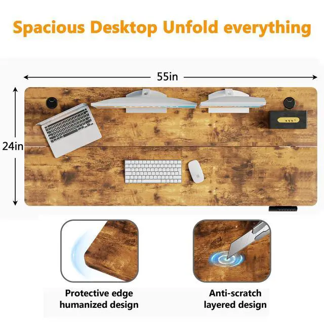 Alt view image 3 of 7 - Hmimi 55'' ×24'' Height Adjustable Electric Standing Desk | Lockable Wheels, 4 Memory Presets, 2 Cable Holes, 2 Hooks, Free 40''×18'' Mouse Pad, Anti-Collision System, Brown