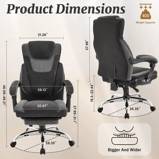 Alt view image 2 of 7 - Massage Office Chair with Foot Rest,6-Point Vibration & Heat Reclining Computer Chair,Big and Tall Fabric Office Chair for Heavy People,Ergonomic Executive Desk Chair,Thick Cushion,High Back,BlackGrey