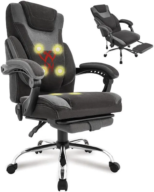 Main image of Massage Office Chair with Foot Rest,6-Point Vibration & Heat Reclining Computer Chair,Big and Tall Fabric Office Chair for Heavy People,Ergonomic Executive Desk Chair,Thick Cushion,High Back,BlackGrey