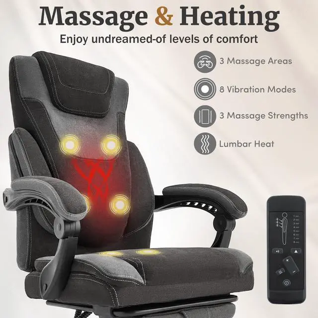 Alt view image 3 of 7 - Massage Office Chair with Foot Rest,6-Point Vibration & Heat Reclining Computer Chair,Big and Tall Fabric Office Chair for Heavy People,Ergonomic Executive Desk Chair,Thick Cushion,High Back,BlackGrey