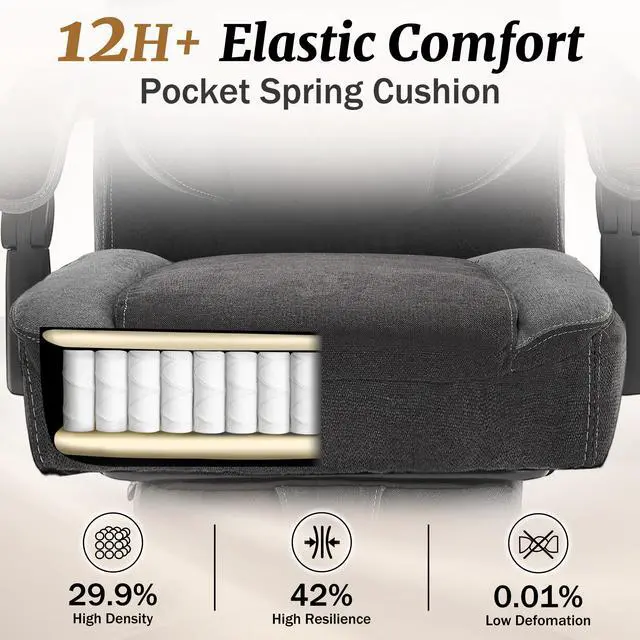 Alt view image 4 of 7 - Massage Office Chair with Foot Rest,6-Point Vibration & Heat Reclining Computer Chair,Big and Tall Fabric Office Chair for Heavy People,Ergonomic Executive Desk Chair,Thick Cushion,High Back,BlackGrey