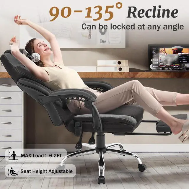 Alt view image 5 of 7 - Massage Office Chair with Foot Rest,6-Point Vibration & Heat Reclining Computer Chair,Big and Tall Fabric Office Chair for Heavy People,Ergonomic Executive Desk Chair,Thick Cushion,High Back,BlackGrey