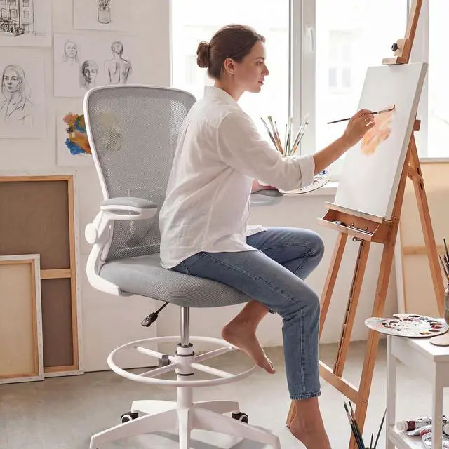 Alt view image 2 of 7 - Ergonomic Drafting Chair Tall Office Chair with Flip-Up Armrests Footrest Ring Height Adjustable Executive Task Chair Mesh Computer Standing Desk Chair Lumbar Support for Home Office (Gray)