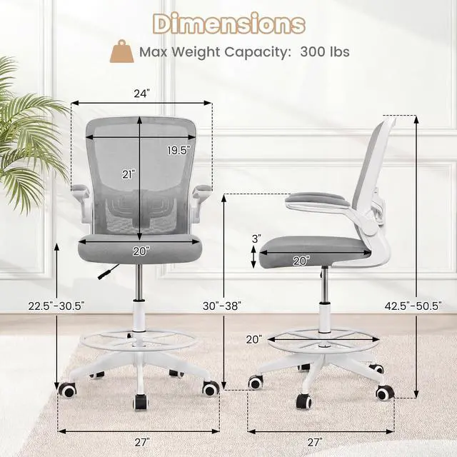 Alt view image 3 of 7 - Ergonomic Drafting Chair Tall Office Chair with Flip-Up Armrests Footrest Ring Height Adjustable Executive Task Chair Mesh Computer Standing Desk Chair Lumbar Support for Home Office (Gray)