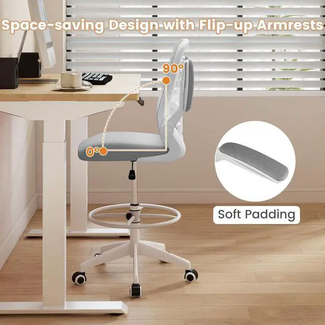 Alt view image 5 of 7 - Ergonomic Drafting Chair Tall Office Chair with Flip-Up Armrests Footrest Ring Height Adjustable Executive Task Chair Mesh Computer Standing Desk Chair Lumbar Support for Home Office (Gray)